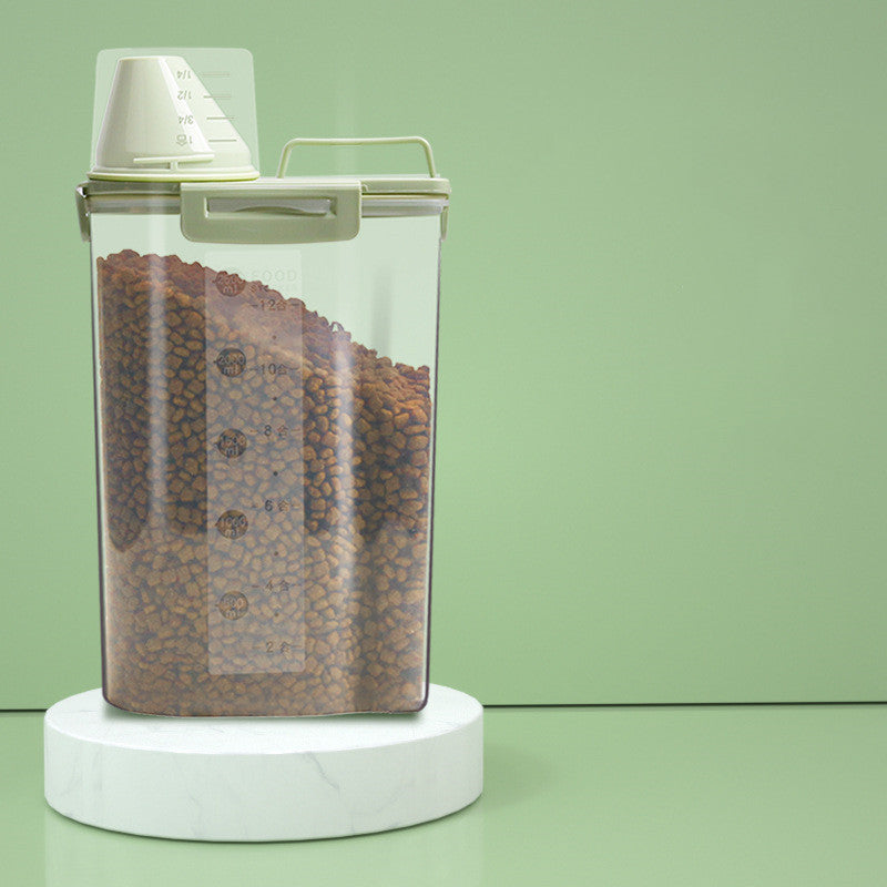 Smidig förvaringsbehållare för hundmat med måttkopp